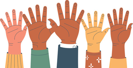 Fototapeta premium Diverse hands raised in unity a vector illustration of teamwork and collaboration isolated on white background