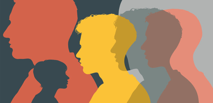 Diverse human profiles in various colors overlap, creating an abstract visual that symbolizes community, identity, and the intricate connections within society across generations