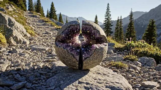 Amethyst geode sphere split open on mountain path with sunlight lens flare