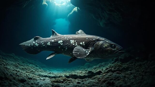 Ancient fish swimming in deep ocean water with dappled light from above a rocky underwater cave habitat