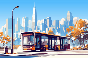 Bus at a bus stop against a cityscape, vector illustration