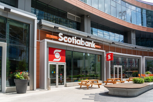 Winnipeg, Manitoba, Canada - July 20, 2023: A Scotia Bank branch in Winnipeg, Manitoba, Canada. Scotiabank is a Canadian multinational banking and financial services company.  