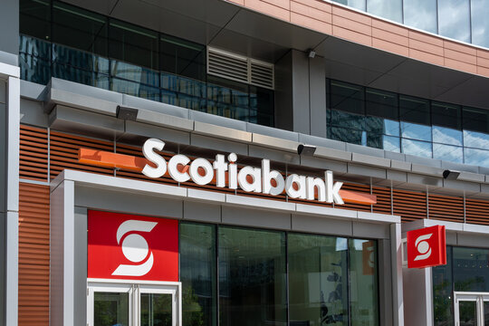 Winnipeg, Manitoba, Canada - July 20, 2023: A Scotia Bank branch in Winnipeg, Manitoba, Canada. Scotiabank is a Canadian multinational banking and financial services company.  