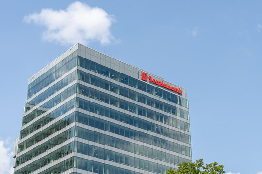 Winnipeg, Manitoba, Canada - July 20, 2023: Scotia Bank office building in Winnipeg, Manitoba, Canada. Scotiabank is a Canadian multinational banking and financial services company.  