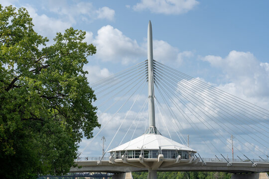 Esplanade Riel bridge over the Red River in Winnipeg, Canada. 
The Esplanade Riel is a pedestrian bridge that is paired with the Provencher vehicular bridge connecting Winnipeg to Saint Boniface. 

