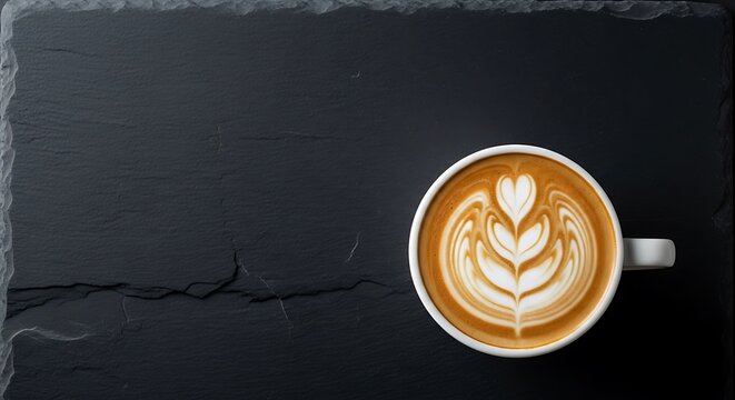Artistic coffee presentation with latte art on a dark stone surface