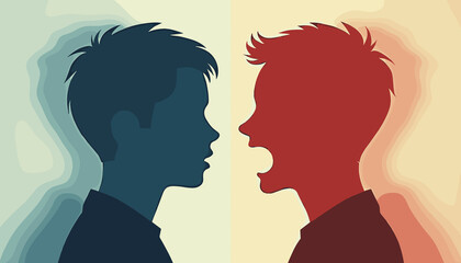 Silhouettes depicting emotional conflict in mental disorders with one figure expressing calmness while the other shows anger and distress.