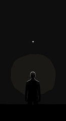 Obraz premium Person sitting in a dark void with a small light sphere floating nearby creating a sense of isolation. Dark void scene includes a silhouette of a person gazing upwards at light sphere above.