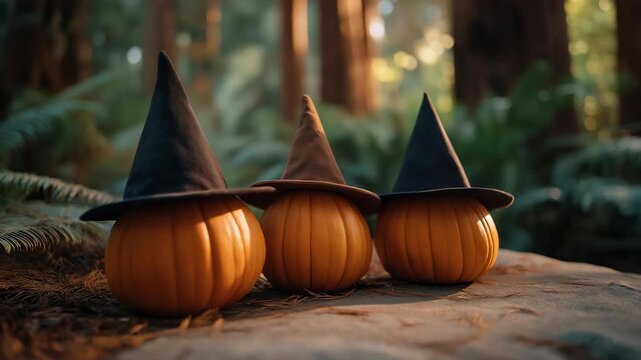 Group of pumpkins wearing witch hats arranged near spooky forest path, emotion of adventure and mystery visible, representing outdoor Halloween decorations, autumn folklore aesthetics, and