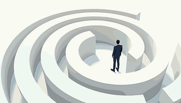 Person viewed from above standing inside a circular maze, symbolizing feeling trapped in the mind. Man navigates complex pathways representing mental challenges and obstacles.