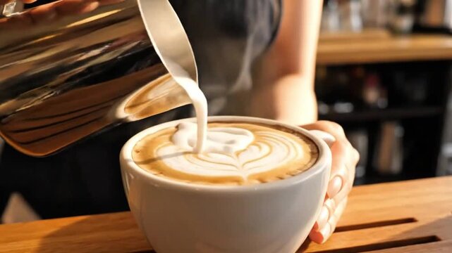 Latte art creation with cinematic macro and smooth slow-motion coffee pour