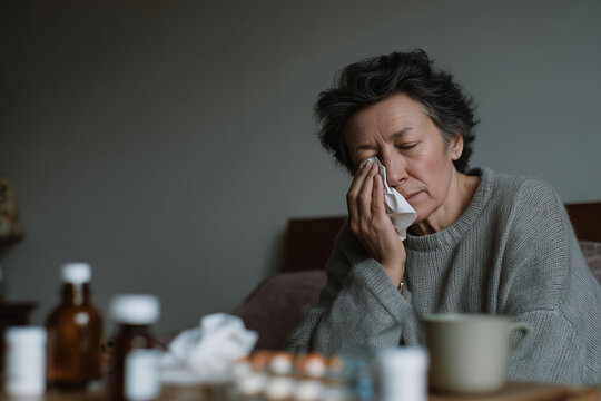 Alone elderly woman feeling unwell at home and taking medicine