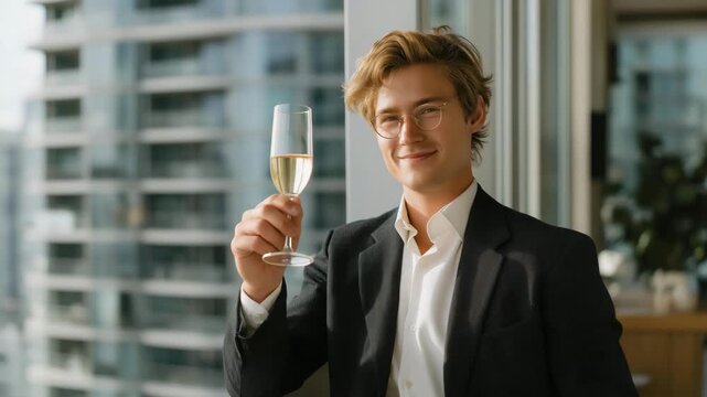 Luxury property developer raising glass in office overlooking high-rise commercial district, celebrating significant ROI from smart real estate acquisitions, symbolizing urban growth, investment