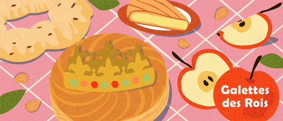 Fototapeta premium Rustic Galette des Rois background in minimalist style with golden crown, apples, almonds on a checkered pink tablecloth. Horizontal Poster, Epiphany cards, bakery packaging, French pastry branding.