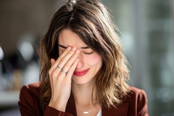 Businesswoman lightly facepalming in a mix of amusement and frustration during a humorous office moment.