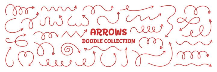 Squiggly arrows doodle set. Curve and Spiral red comic directions in sketch style. Hand drawn vector illustration isolated on white background