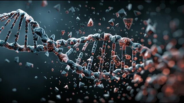 Unraveling the Code: A striking visual representation of a DNA strand, depicted in a state of disintegration, suggesting the fragility and complexity of genetic structure.