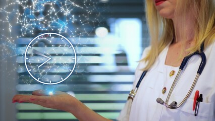 Doctor holding holographic Clock. Importance Of Time In Early Disease Diagnosis And Preventive Care concept