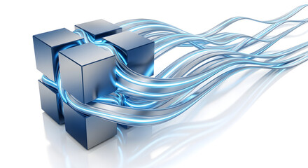 Modern data flow concept with interconnected cubes and vibrant streams, representing seamless connectivity and innovative technology solutions for cutting-edge business applications