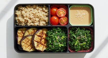 A bento box filled with quinoa, grilled eggplant, tomatoes, greens, and a sesame dressing