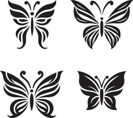 Butterfly silhouette logo black vector, symmetrical wings with modern curves, simple and elegant line art, high resolution, flat vector style.