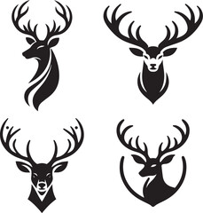 Deer logo black vector, elegant antlers spreading wide, smooth minimal curves, centered composition, simple and classy design.