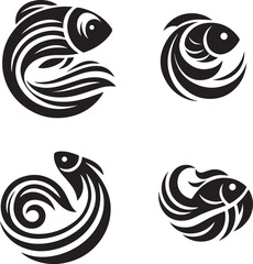 Fish logo black vector, abstract curves, smooth flowy design, minimal aquatic theme, white background, HD vector clarity.