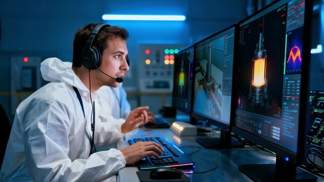 Closeup medium shot of engineers analyzing highresolution video feeds during a deepdive examination of the nuclear reactor core for potential anomalies.