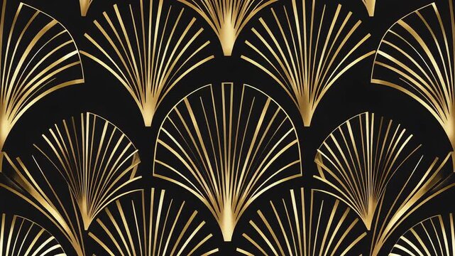Luxury Art Deco animation with golden fans appearing as a frame on a black background