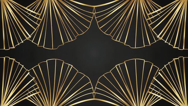 Luxury Art Deco animation with golden fans appearing as a frame on a black background