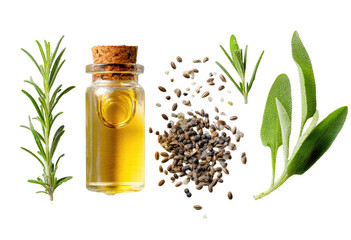 A close-up of essential oils and herbs.  Small glass bottle of amber liquid, possibly oil, sits amidst sprigs of rosemary and a pile of seeds.  Fresh greenery and small leaves are in the composition