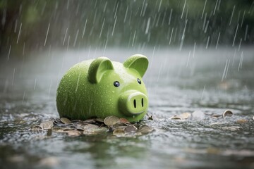 A vibrant green piggy bank sits partially submerged in shallow water amidst a scattering of coins, while heavy rain falls steadily. The ceramic surface glistens with countless droplets, creating a pow