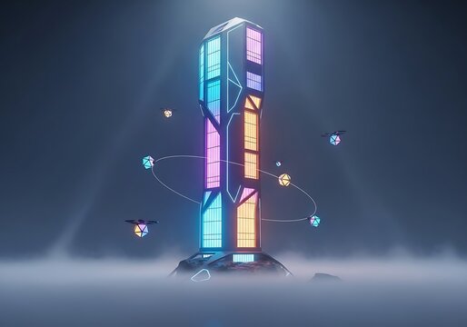 Neo-Futuristic Illuminated Skyscraper with Drone Network in Ethereal Fog