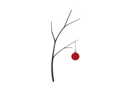 Minimalist christmas tree branch with a single red ornament hanging, creating a simple holiday decoration on transparent background