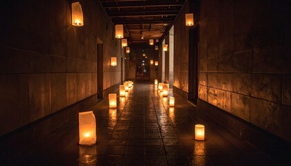 Long, dark corridor illuminated by warm light from paper bag luminaries, lined floor and hanging mid-air