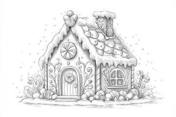 Fototapeta premium This charming gingerbread house features a decorated roof with icing, colorful candies, and a cozy door.