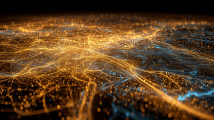 A city scale data network map visualizing interconnected routes and hubs, representing digital infrastructure, traffic analysis and smart urban connectivity.
