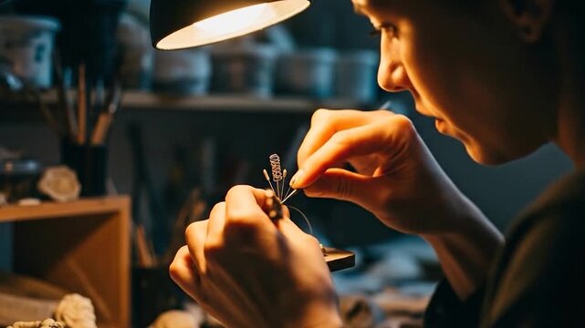Artisan working on intricate handmade object under task light in workshop