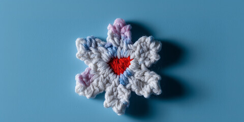 Crocheted snowflake with red heart center on blue background — handmade winter decoration symbolizing warmth and love. perfect for christmas cards, cozy winter ads, and craft-themed branding.