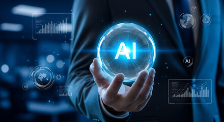 Businessman holding a glowing crystal ball with an AI symbol, surrounded by futuristic data and analytics interfaces.