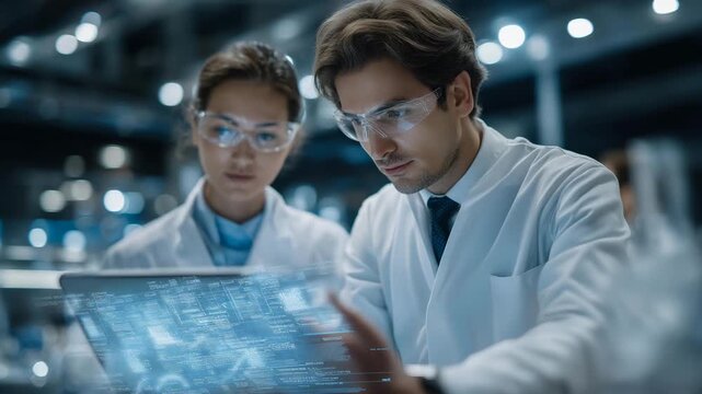 Scientists in futuristic lab observing AI-controlled chemical reactions with holographic data overlays, symbolizing precision research, automated experimentation, and advanced laboratory