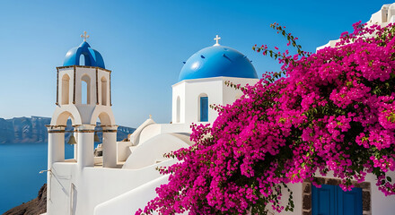 Obraz premium Iconic blue-domed church with vibrant pink bougainvillea flowers overlooking the Aegean Sea in Santorini, Greece.