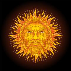 Burning sun face with masculine features in fire tones