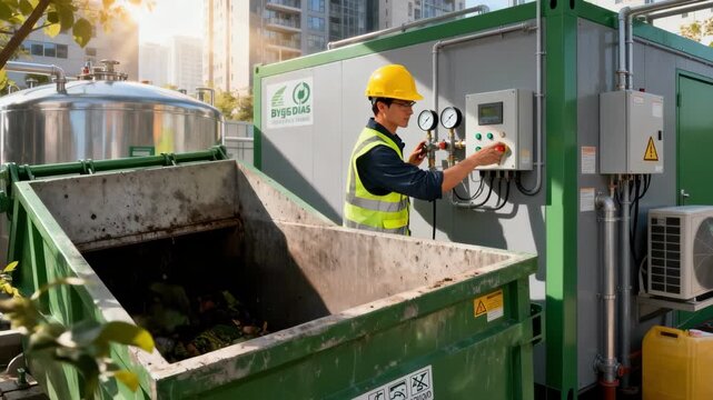 Engineer conducts safety check on biogas digesters optimizing methane generation from organic refuse within a compact urban green energy project.