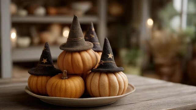 Stack of pumpkins wearing miniature witch hats on table centerpiece, emotion of fun and festivity visible, symbolizing DIY seasonal decoration, home holiday design trends, and creative autumn party