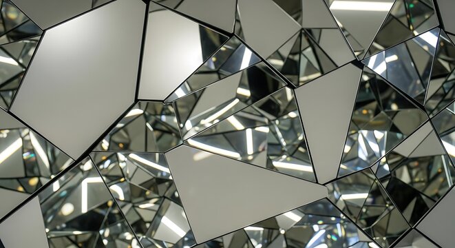 Abstract geometric mosaic patterns composed of polished mirror pieces
