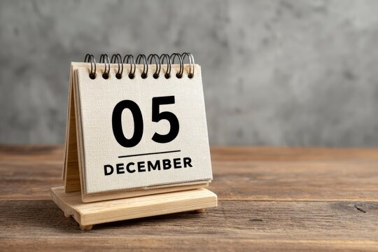 A charming desktop flip calendar prominently displays "05 DECEMBER" against a blurred, textured grey background, resting on a warm, rustic wooden surface. The calendar features a natural wooden stand 