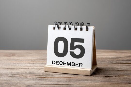 A clean and simple desktop flip calendar prominently displays the date "05 December" in bold black text against a crisp white background. The compact calendar, featuring a functional spiral binding an