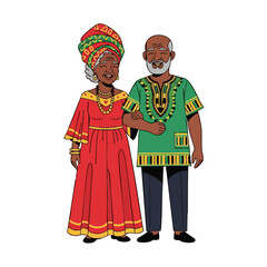 Fototapeta premium Elderly Black couple smiling and standing together in traditional attire for Kwanzaa 