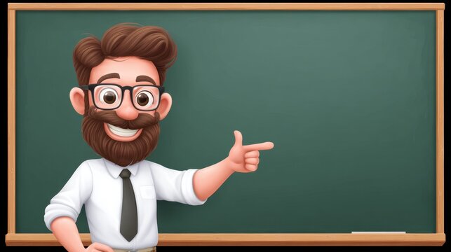 Friendly educator with a beard gestures towards a blank chalkboard ready to teach.